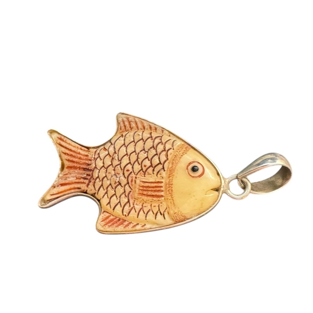 Vintage Silver 925 Stamped Fish Carved inlay Pendant